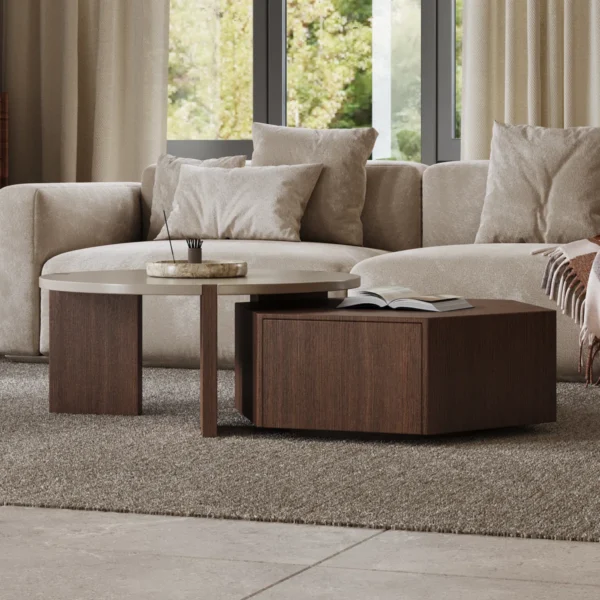 Pompilie2PieceWoodNestingCoffeeTableSetWithDrawerFarmhouseIndustrialLivingRoomFurnitureStylishMulti FunctionalNestingTables